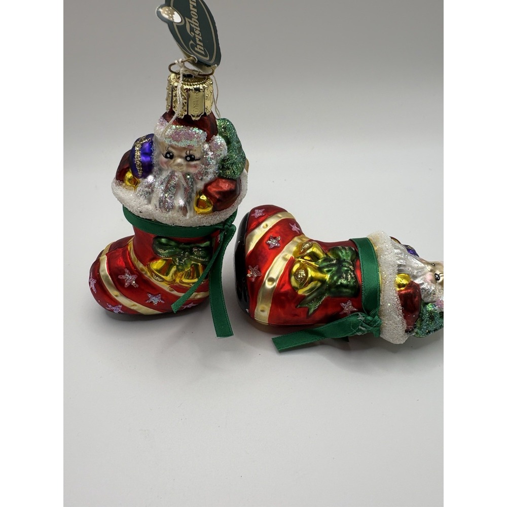 Vintage Christborn 1 Santa Boot Glass Ornament Germany Hand Blown Painted 4" NWT